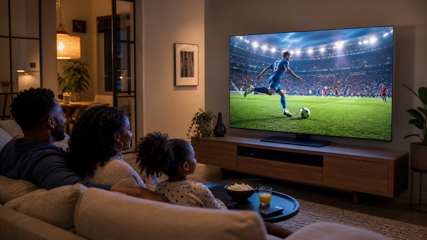 Family watching a working modern LED TV after repair