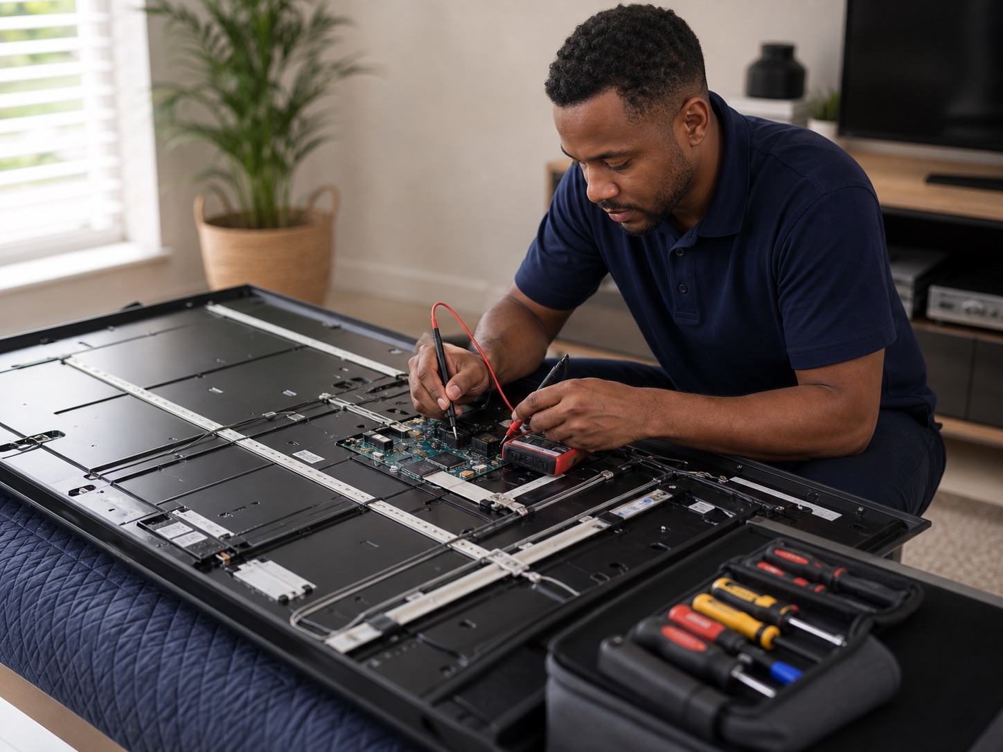 Technician repairing the electronics inside a modern LED TV
