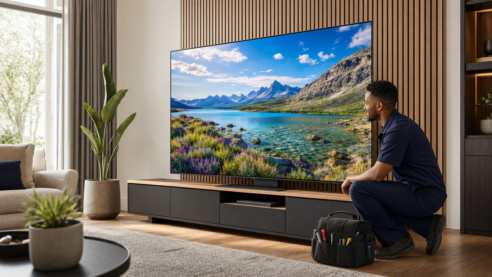 Technician checking a working modern QLED TV in a living room
