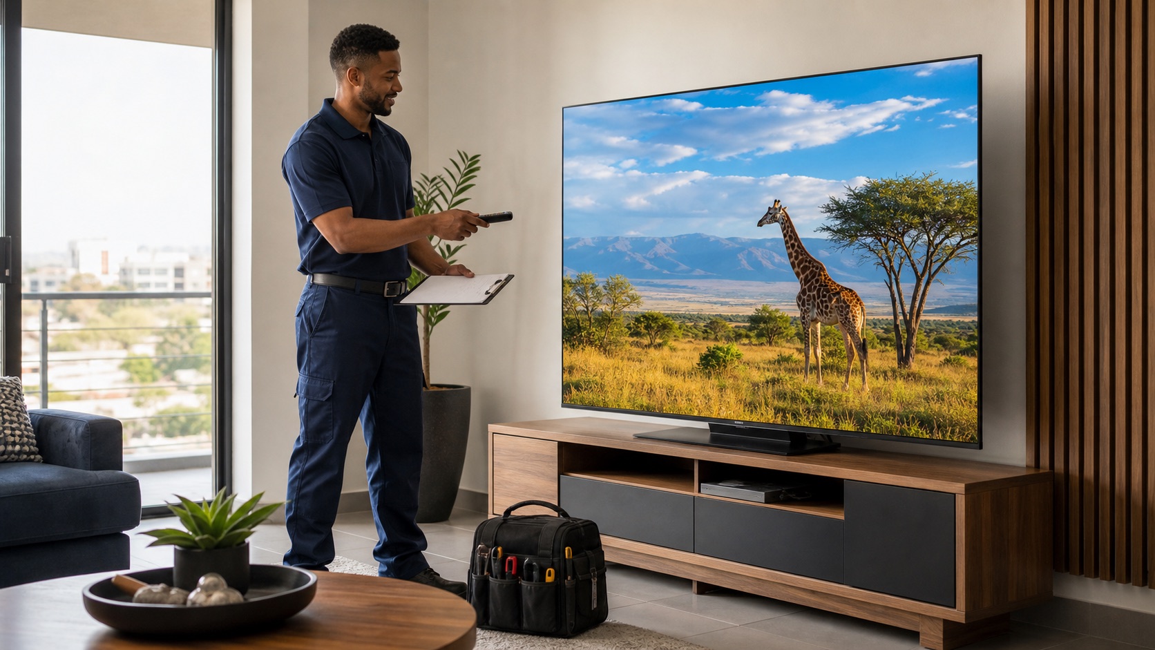Technician testing a modern QLED TV with a remote