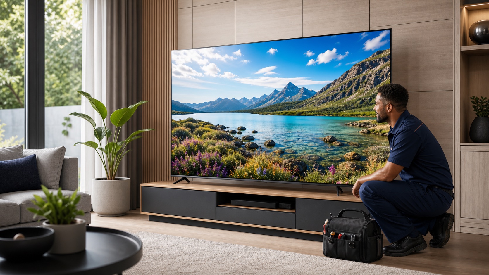 A working modern LED TV in a comfortable lounge